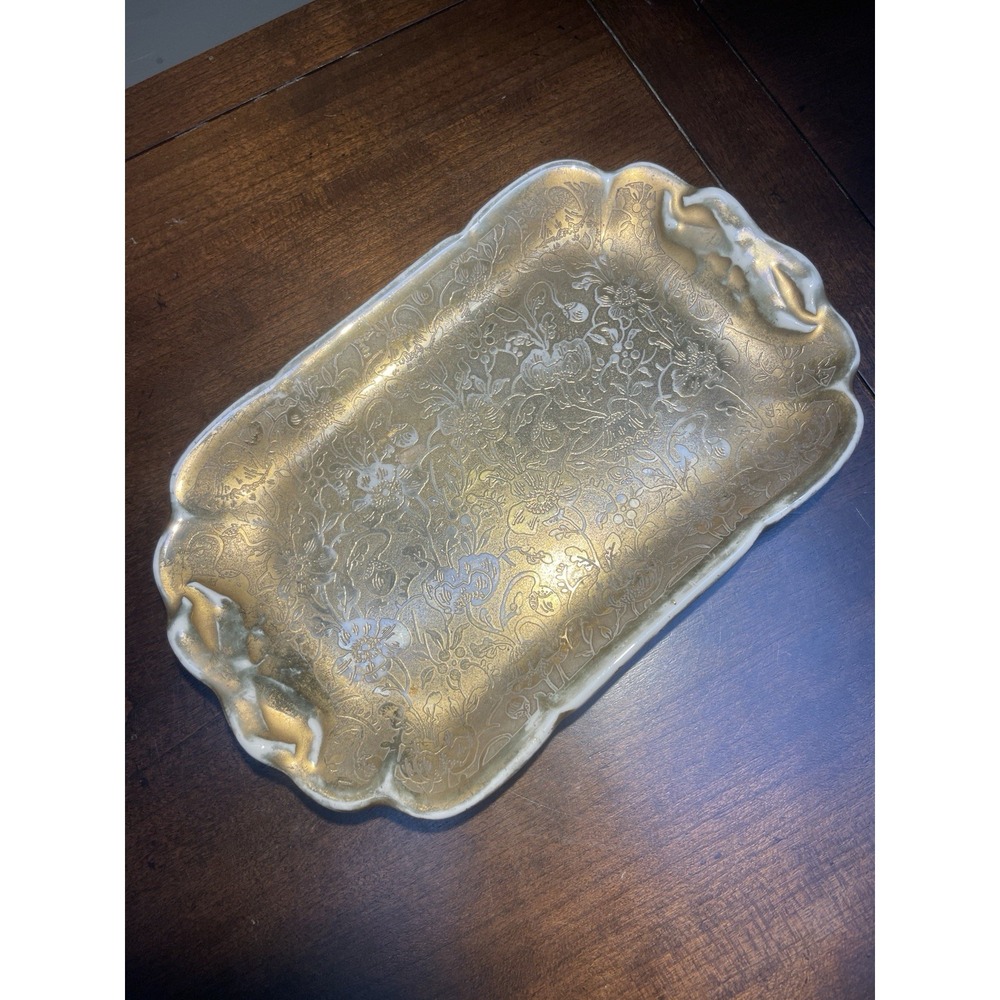 Vtg STOUFFER German SMALL GOLD LEAF Engraved OVER PORCELAIN TRAY Vanity Dish